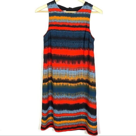 Kensie sleeveless black red stripe western print shift dress w back tie small S - Picture 1 of 6